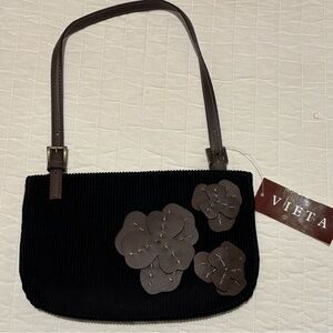 VIETA Fashion Black Corduroy Shoulder Bag with Brown Floral Appliqués